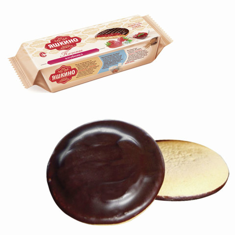 Печенье ЯШКИНО &quot;Клубника&quot;, сдобное, с бисквитом, джемом и шоколадной глазурью, 137 г, ЯП208  620971