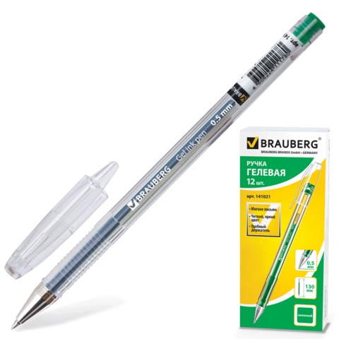Ручка гелевая BRAUBERG &quot;Jet&quot;, корпус прозрачный, толщина письма 0,5 мм, зеленая, 141021