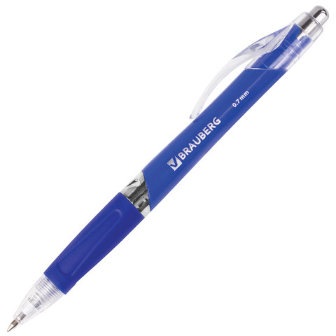 Ручка шариковая автоматическая с грипом BRAUBERG &quot;Rave&quot;, СИНЯЯ, корпус синий, узел 0,7 мм, линия письма 0,35 мм, 141068