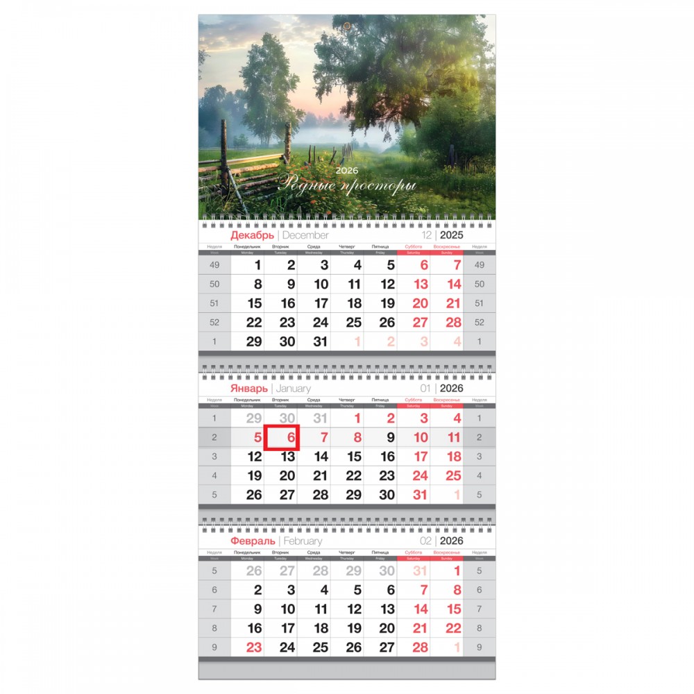 Календарь квартальный 3 бл. на 3 гр., 295*660 мм BG &quot;Родные просторы&quot;, с бегунком, 2026г. 380945