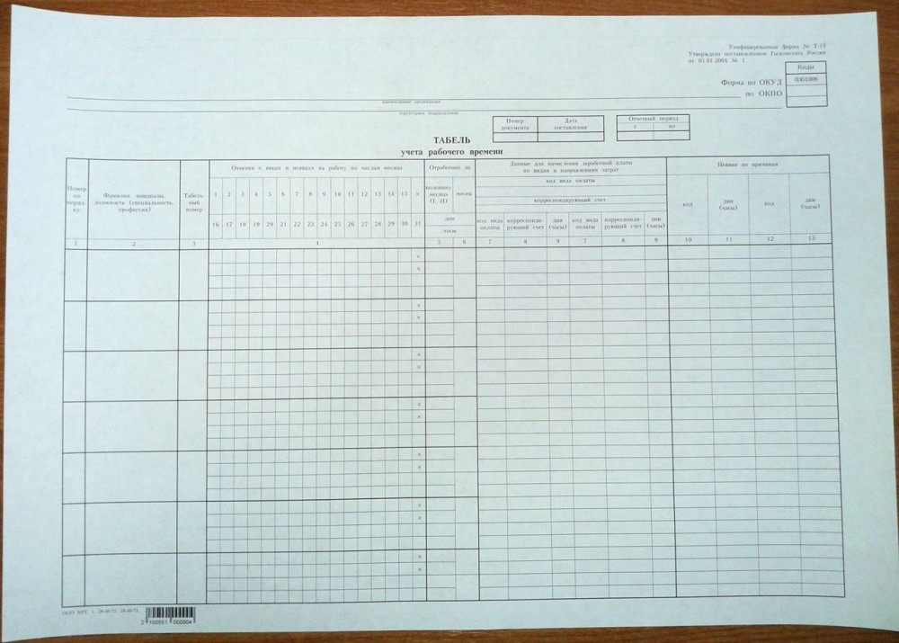 Бланк табеля учета использования рабочего времени А3, 100 л, газетка арт.Т-13