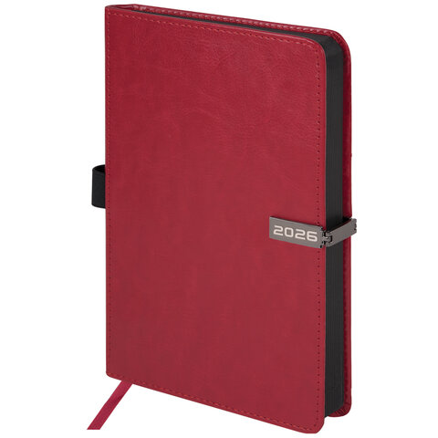 Ежедневник датированный 2026 А5 138x213 мм, BRAUBERG &quot;Inspiration&quot;, под кожу, цветной срез, красный, 117475