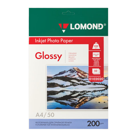 Фотобумага А4, 200 г/м2, 50 листов, односторонняя, глянцевая, LOMOND, 0102020 /360338