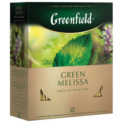Чай GREENFIELD (Гринфилд) &quot;Green Melissa&quot;, зеленый, с мятой, 100 пакетиков в конвертах по 1,5 г, 0879/620220