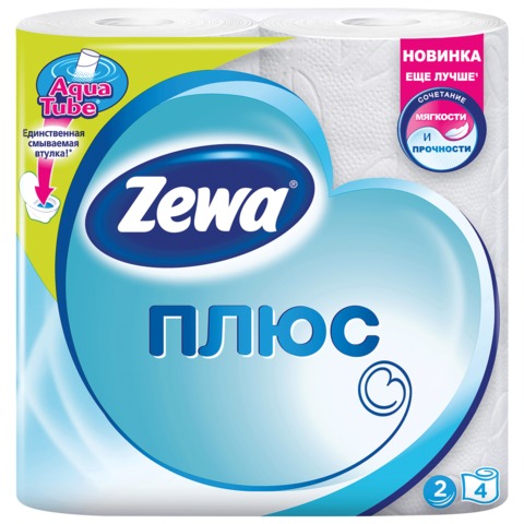 Бумага туалетная бытовая, спайка 4 шт., 2-х слойная (4х23 м), ZEWA Plus, белая, 144051