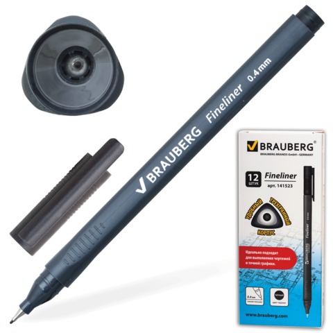 Ручка капиллярная (линер) BRAUBERG &quot;Carbon&quot;, ЧЕРНАЯ, металлический наконечник, трехгранная, линия письма 0,4 мм, 141523
