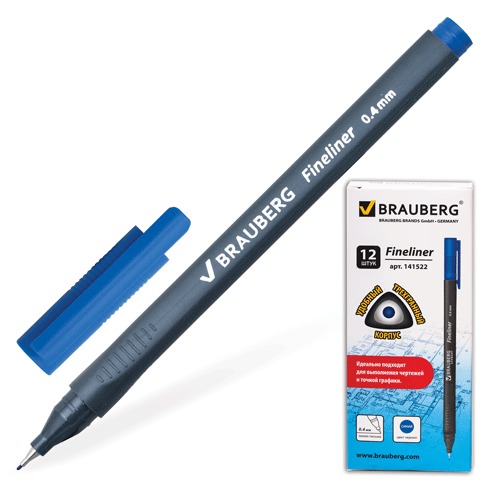 Ручка капиллярная BRAUBERG &quot;Carbon&quot;, супертонкий металлический наконечник 0,4 мм, трехгранный корпус, синяя, 141522