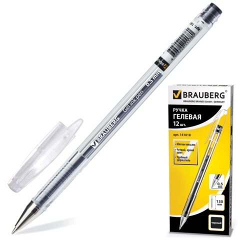Ручка гелевая BRAUBERG &quot;Jet&quot;, корпус прозрачный, толщина письма 0,5 мм, черная, 141018
