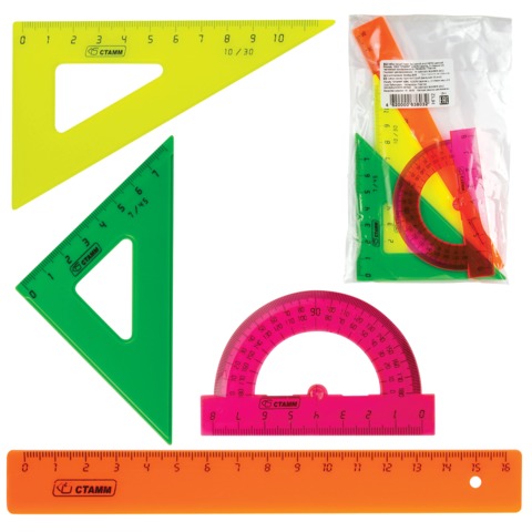 Набор чертежный СТАММ малый (линейка 16 см, треугольник 2 шт, транспортир), цветной, НГ12