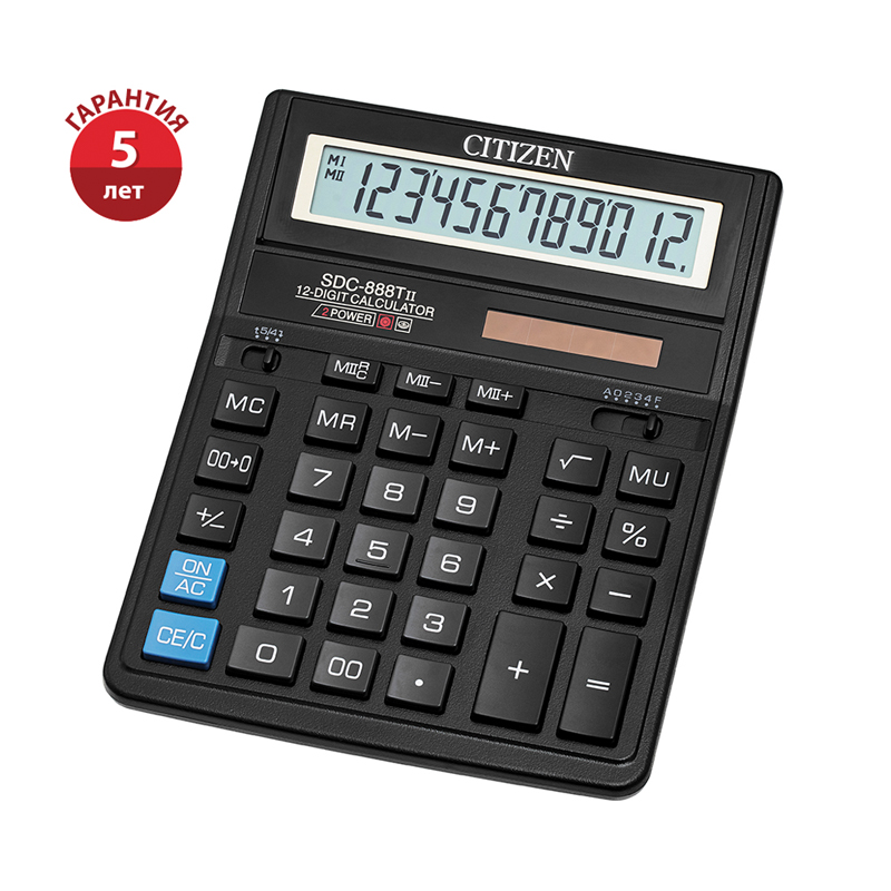 Калькулятор CITIZEN SDC-888T 12 разрядов, двойное питание, 158*203*31мм, черный