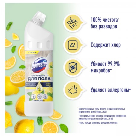 Средство для мытья полов Domestos "Чистота и блеск. Лимон и мята", гель, концентрат, с хлором, 1л 357347
