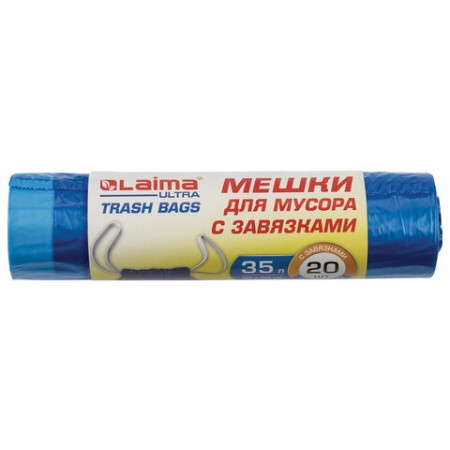 Мешки для мусора с завязками LAIMA &quot;ULTRA&quot; 35 л, синие, рулон 20 шт., особо прочные, ПВД 20 мкм, 50х60 см, 607689
