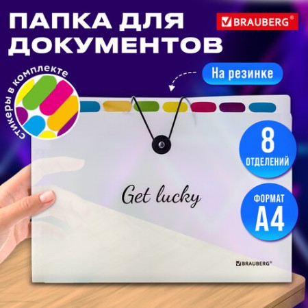 Папка-органайзер на резинке 8 отделений, BRAUBERG &quot;Glassy&quot;, А4, прозрачная, 271928