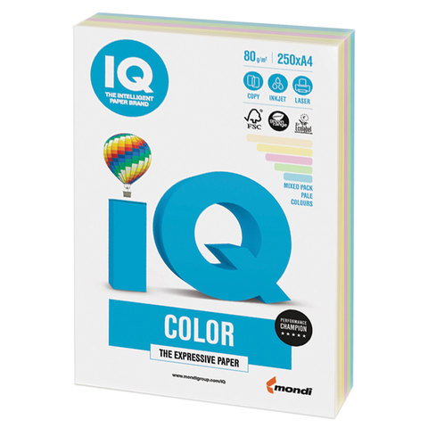 Бумага IQ color, А4, 80 г/м2, 250 л., (5 цв. x 50 л.), цветная, пастель, RB01/110692