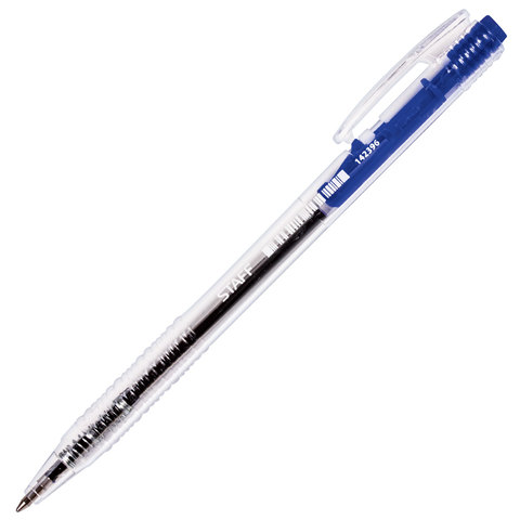 Ручка шариковая автоматическая STAFF, корпус прозрачный, узел 0,7 мм, линия 0,35 мм, синяя, 142396
