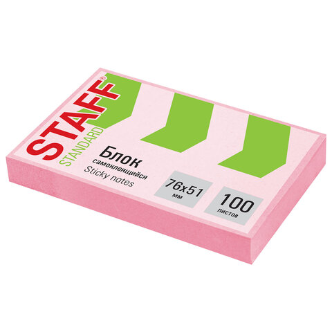 Блок самоклеящийся (стикеры) STAFF STANDARD, ПАСТЕЛЬНЫЙ 76х51 мм, розовый, 100 листов, 116584