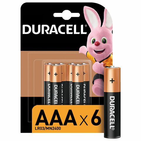 Батарейки КОМПЛЕКТ 6 шт., DURACELL Basic ОРИГИНАЛ, ААА (LR03, 24А), алкалиновые, мизинчиковые, Б0014858  456985