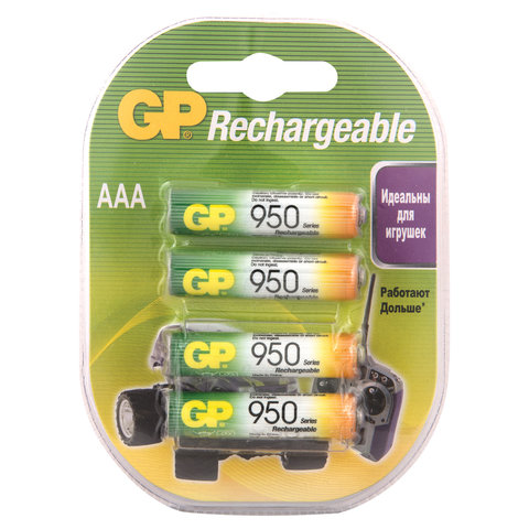 Батарейки аккумуляторные GP, AAA, Ni-Mh, 950 mAh, комплект 4 шт., в блистере 450442