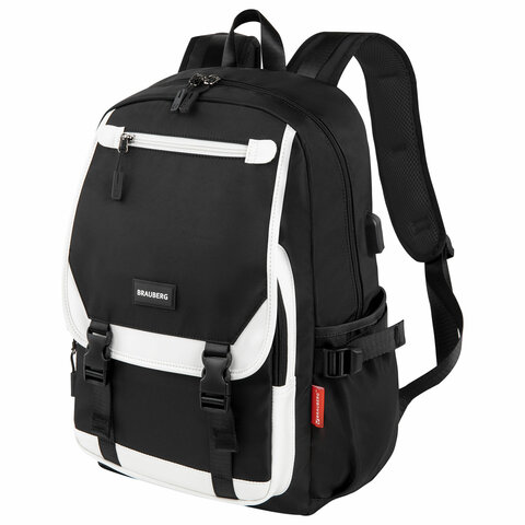Рюкзак BRAUBERG FUSION универcальный, USB-порт, черный с белыми вставками, 45х31х15 см, 271657