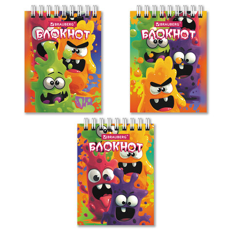 Блокнот МАЛЫЙ ФОРМАТ А7, 75х105 мм, 40 л., гребень, клетка, кросс-серия "МОНСТРИКИ", BRAUBERG, 116998