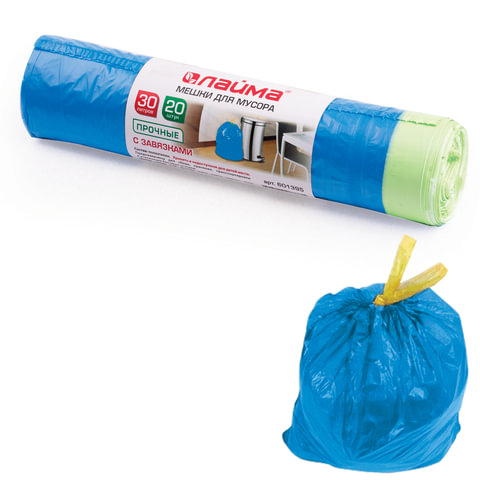 Мешки для мусора 30 л, завязки, синие, в рулоне 20 шт., ПНД, 12 мкм, 50х60 см (±5%), прочные, ЛАЙМА, 601395