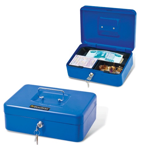 Ящик для денег, ценностей, документов, печатей BRAUBERG (БРАУБЕРГ), 90х180х250 мм, с ключевым замком, синий, 290335