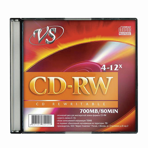 Диск CD-RW, VS, 700 Mb, 4-12 x Slim Case, 1 штука, VSCDRWSL01  512095