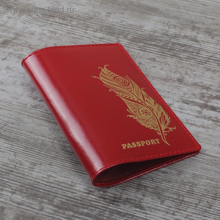Обложка для паспорта 9,5*0,5*13,8 ПСП, шик спилок, тисн.фольга, &quot;Перо&quot;, алый 2997810