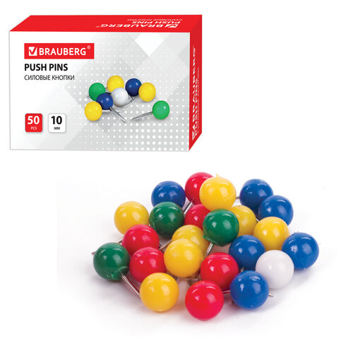 Силовые кнопки-гвоздики 50 шт., цветные (шарики),  в картонной коробке, 221550 BRAUBERG