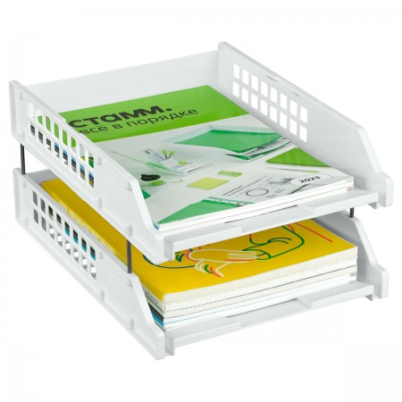 Лоток для бумаг горизонтальный СТАММ "Strong", набор 2шт., на метал. стержнях, белый 370903 ЛТГ-31717