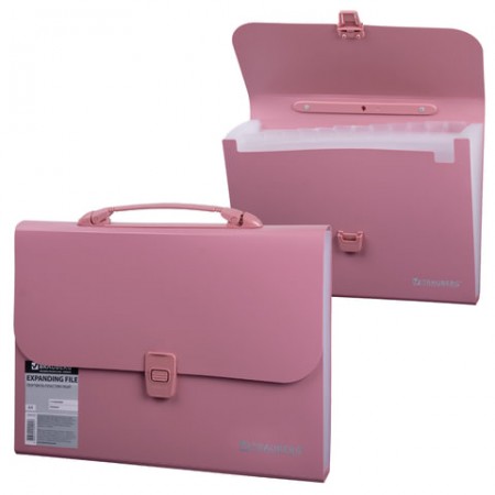 Портфель пластиковый BRAUBERG, А4, 327х254х30 мм, стандартная фактура, 13 отделений, пластиковый индекс, розовый, 221441