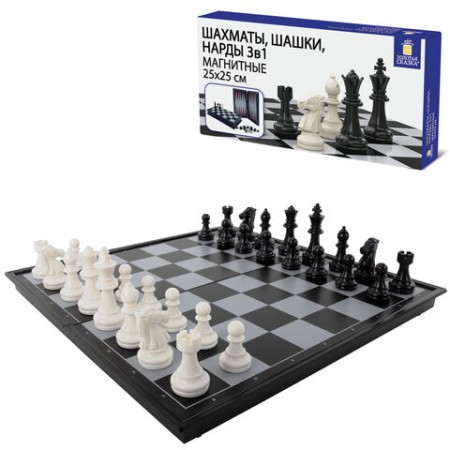 Шахматы, шашки, нарды магнитные "3 в 1" ХИТ, доска 25х25 см, ЗОЛОТАЯ СКАЗКА, 665763