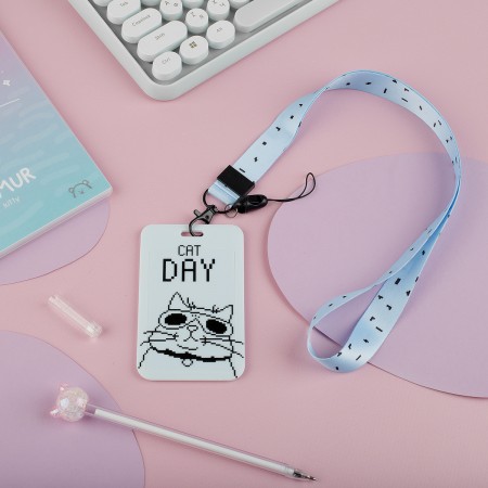 Бейдж вертикальный MESHU &quot;Cat day&quot;, 110*70мм, лента с карабином, 3D печать, опп пакет с европодв 359592 MS_54241