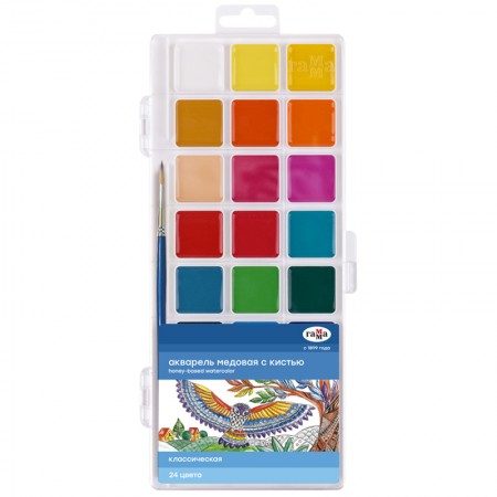 Акварель Гамма "Классическая", медовая, 24 цвета, с кистью, пластик. упак., европодвес NEW 1009203 332938
